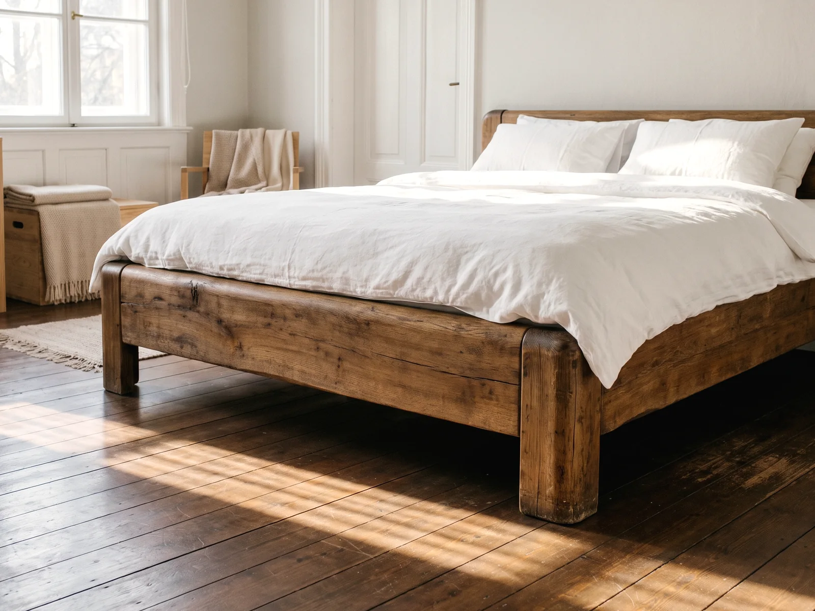 Ein alter Eichen-Bettrahmen mit Patina trägt ein frisch gemachtes weißes Bett, Morgensonne wirft lange Schatten auf die Dielen