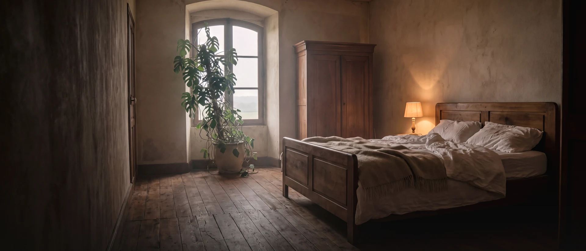 Matratze ohne Durchliegen: ein Schlafzimmer in einem alten Haus mit Dielen voller Patina, einem hohen Holzschrank und einer über Jahre gewachsenen Pflanze