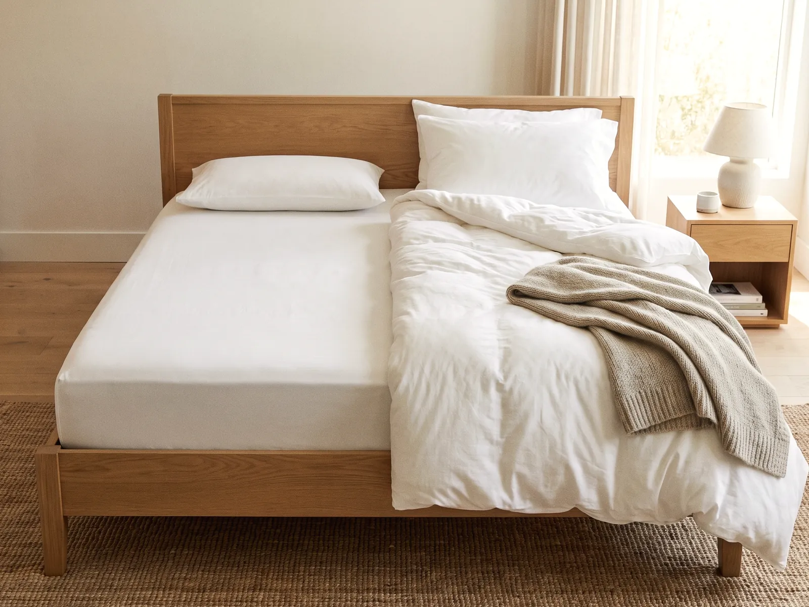 Zwei Zonen in einem Bett: links straff und glatt bezogen, rechts weich mit aufgeschüttelter Decke