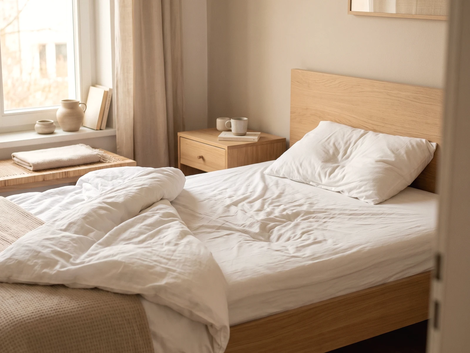 Leeres Bett im ersten Morgenlicht, die Decke zurückgeschlagen: aufgestanden ohne Schmerz